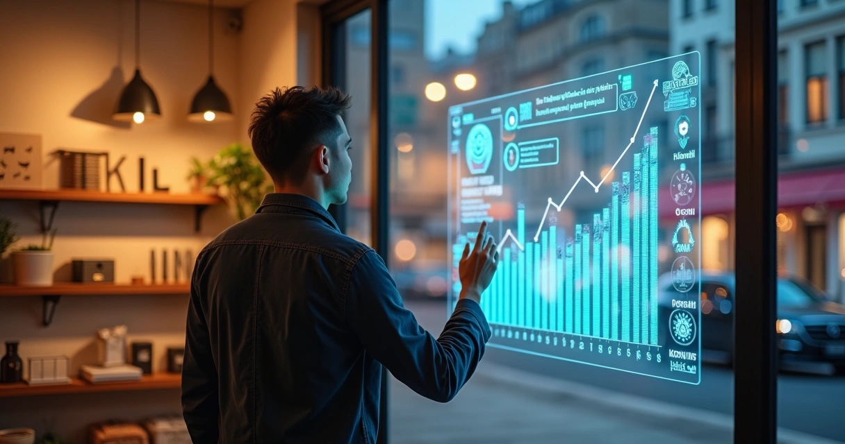 Empresária observando vitrine digital com gráficos de vendas e ícones de inteligência artificial 
