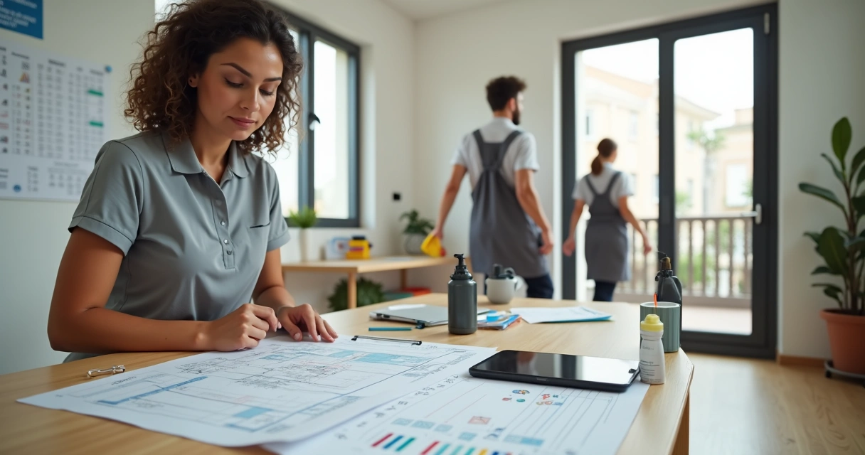 Empresária de limpeza residencial planejando rotas e equipes em mesa organizada 