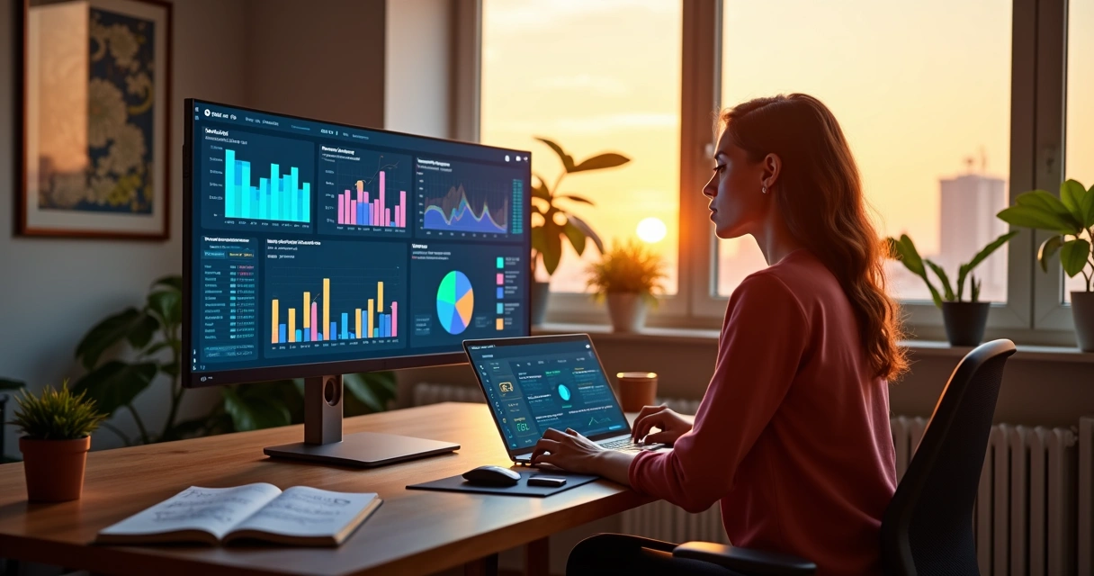 Empresária analisa painel colorido de dados de marketing com elementos de inteligência artificial 