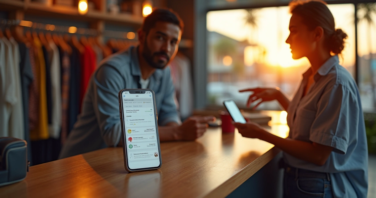 Empresária de pequeno negócio em Natal vendo novo app iOS da marca em iPhone sobre balcão 