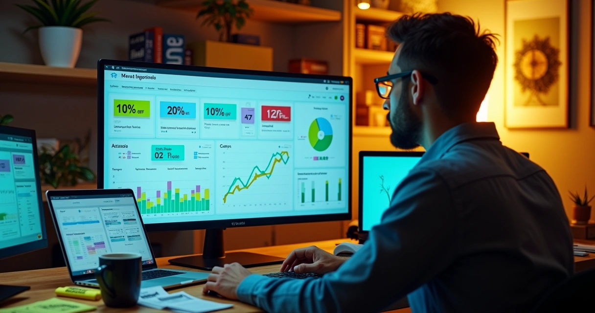 Empresária de pequena empresa analisando painel digital com promoções e cupons de desconto 