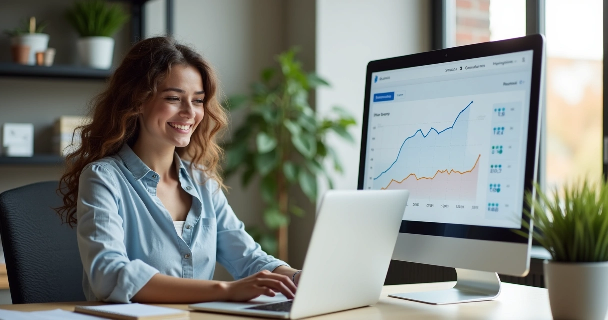 Empresária sorrindo em frente ao notebook com site aberto na tela 