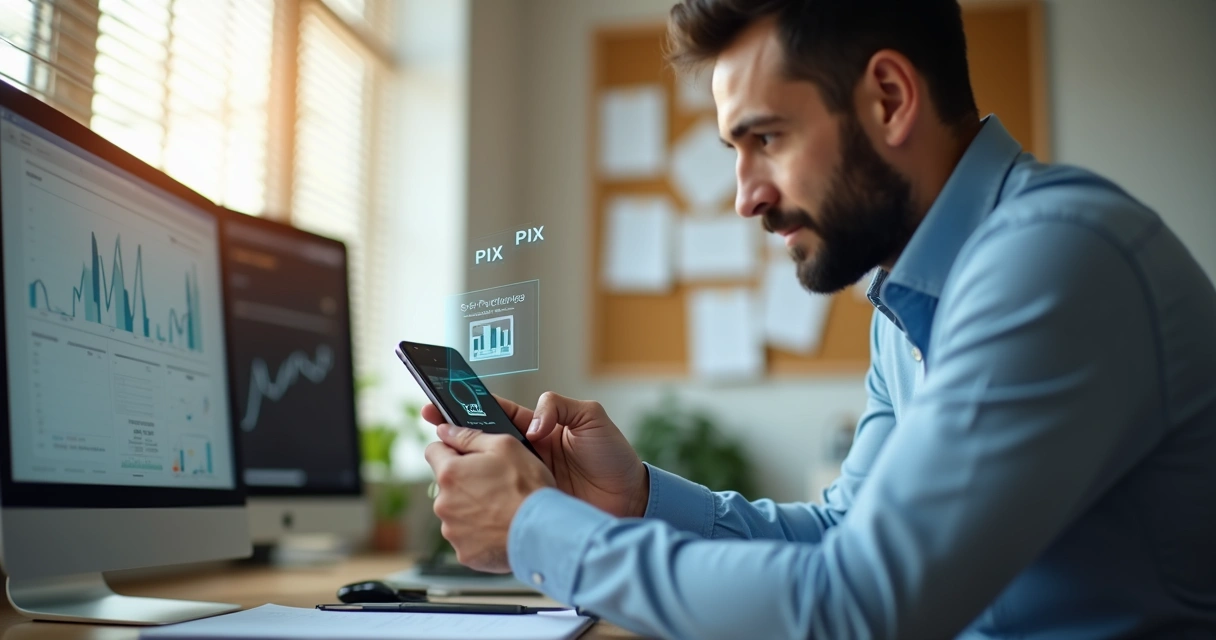 Empresário usando aplicativo para gerar Pix e boletos no celular 