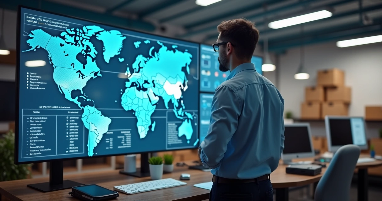 Empresário checando painel logístico de pedidos em tempo real
