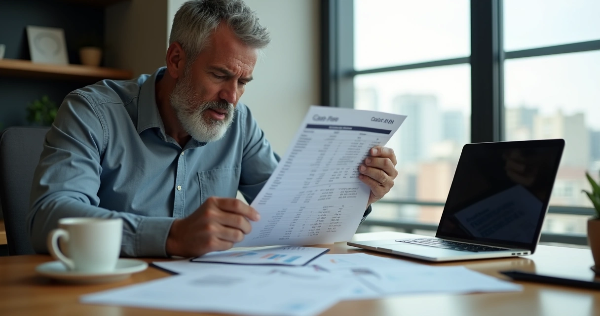 Empresário sentado à mesa, analisando fluxo de caixa com documentos e notebook 