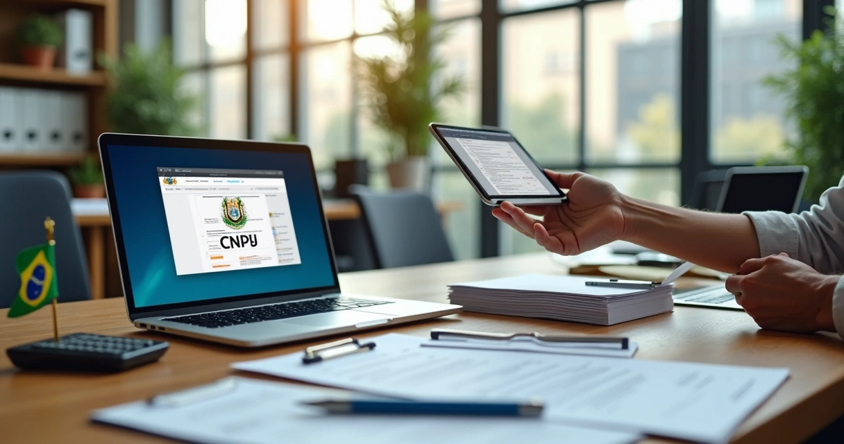 Empresário analisando documentos de CNPJ em tablet na mesa do escritório 