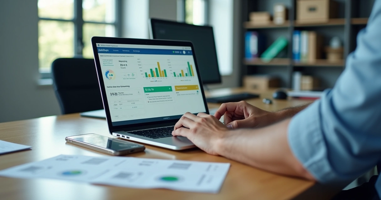 Empresário analisa no notebook o prazo de compensação de boletos em um dashboard financeiro 