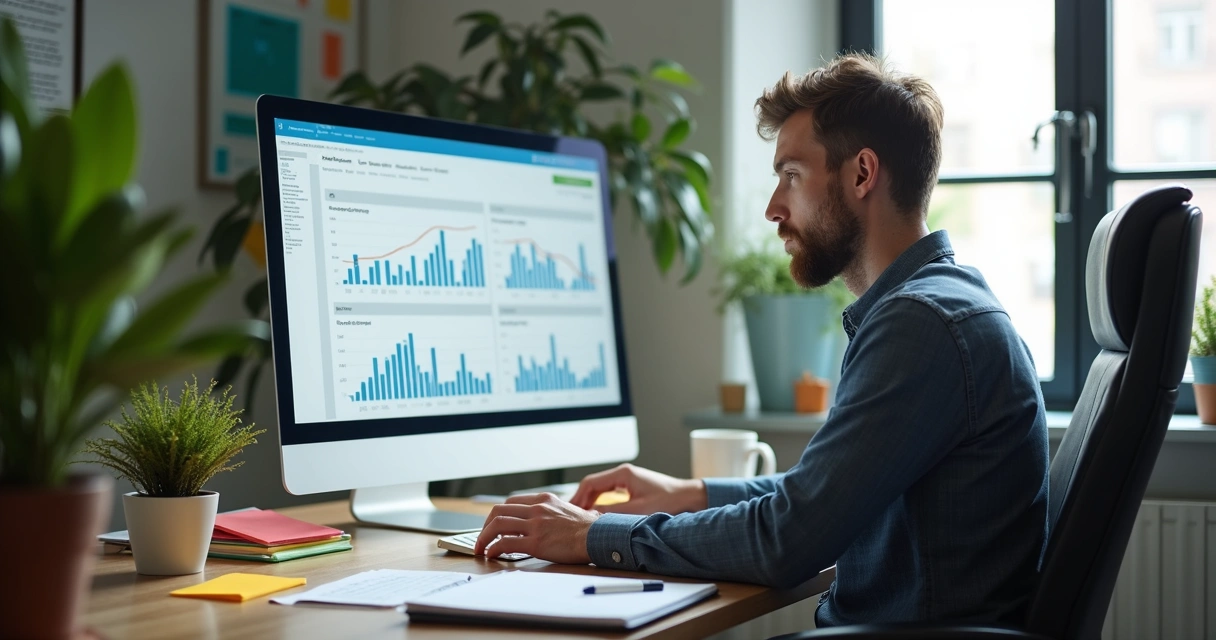 Empresário analisa relatórios financeiros detalhados usando computador em ambiente de escritório moderno 