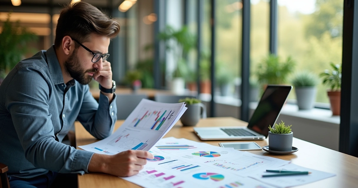 Empresário analisa gráficos financeiros sentado à mesa de escritório 