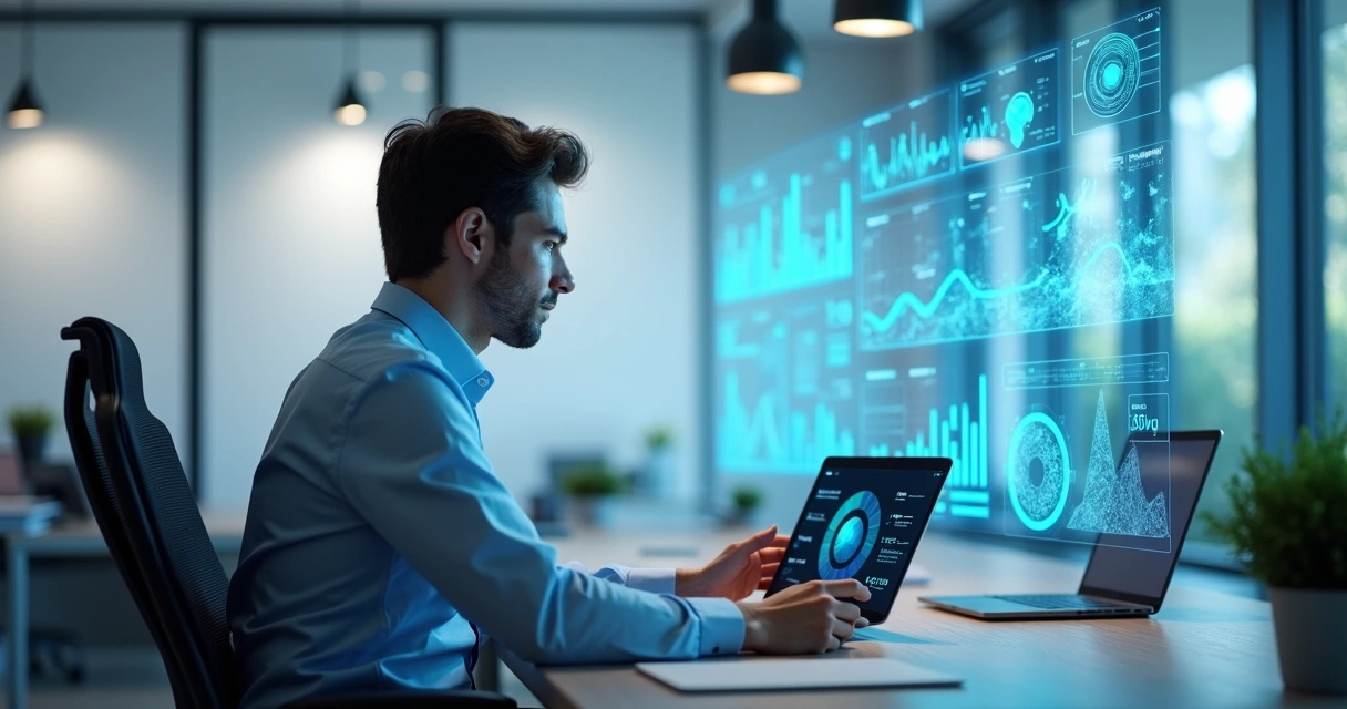 Empresário analisando gráficos digitais com IA na mesa 