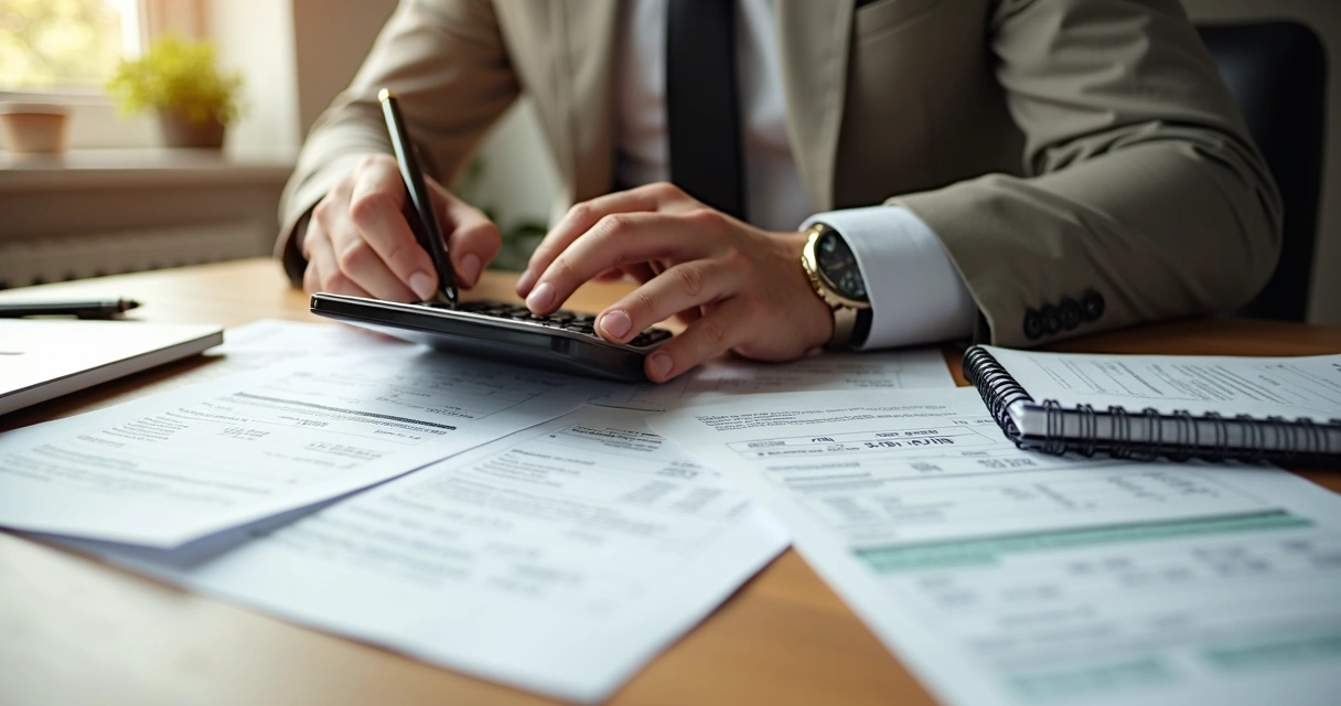 Empresário analisa papéis e calculadora sobre a mesa 