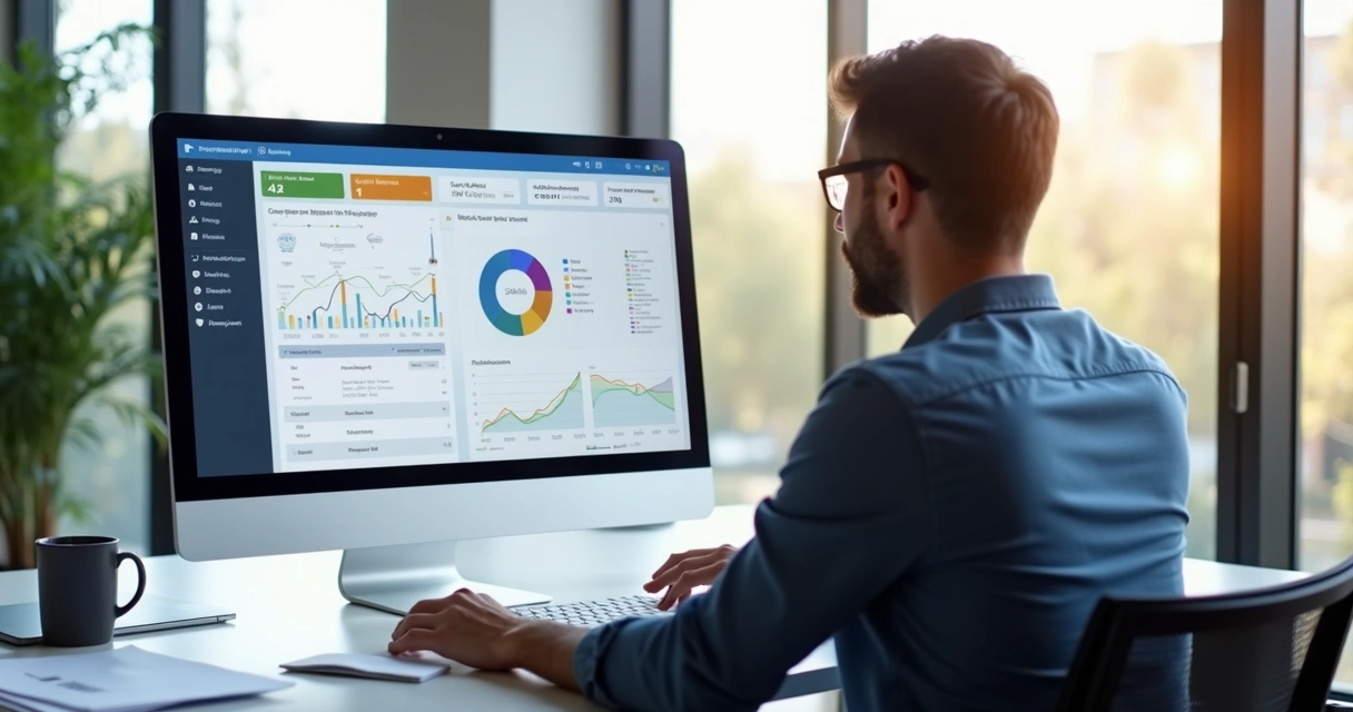 Empresário analisa painel digital de cobranças com indicadores de atrasos e pagamentos 