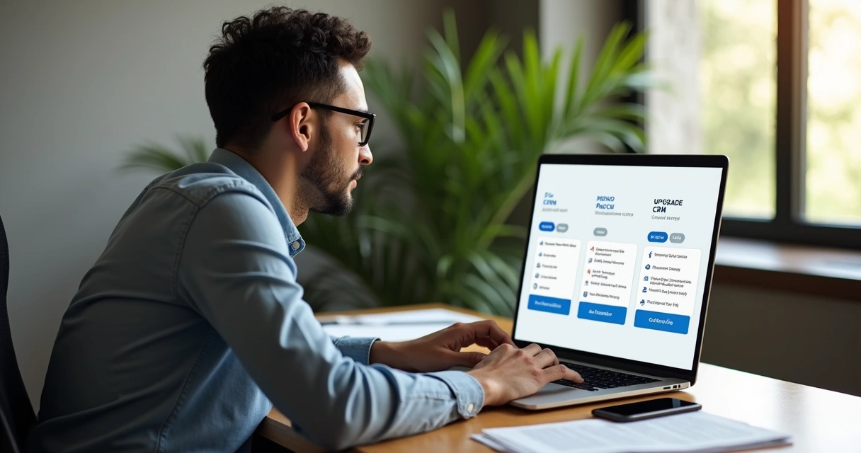 Empresário sentado analisando opções de planos de CRM em um laptop 