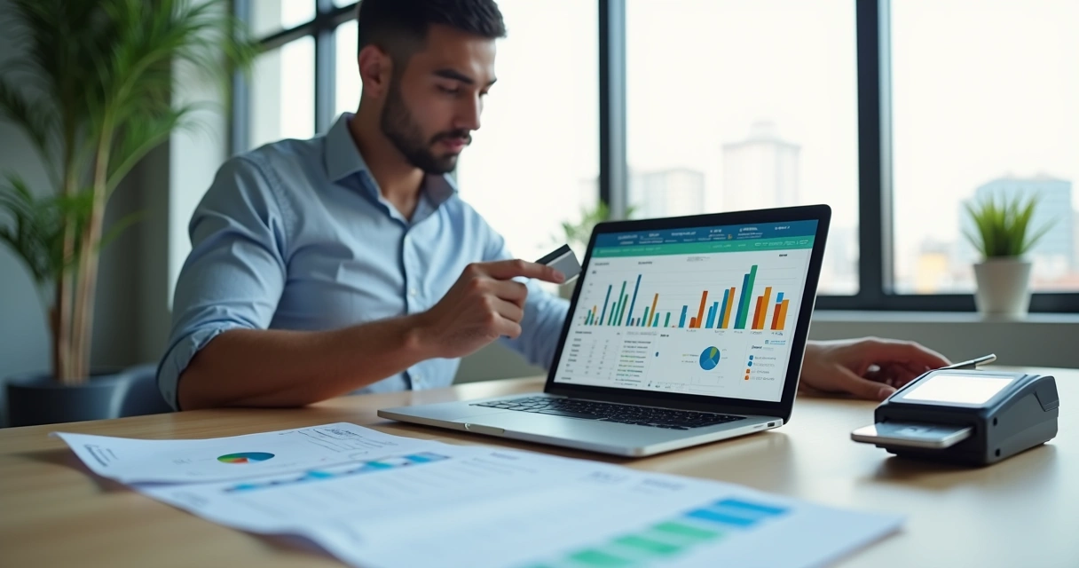 Empresário analisando taxas de cartão de crédito em gráficos e maquininhas sobre a mesa 