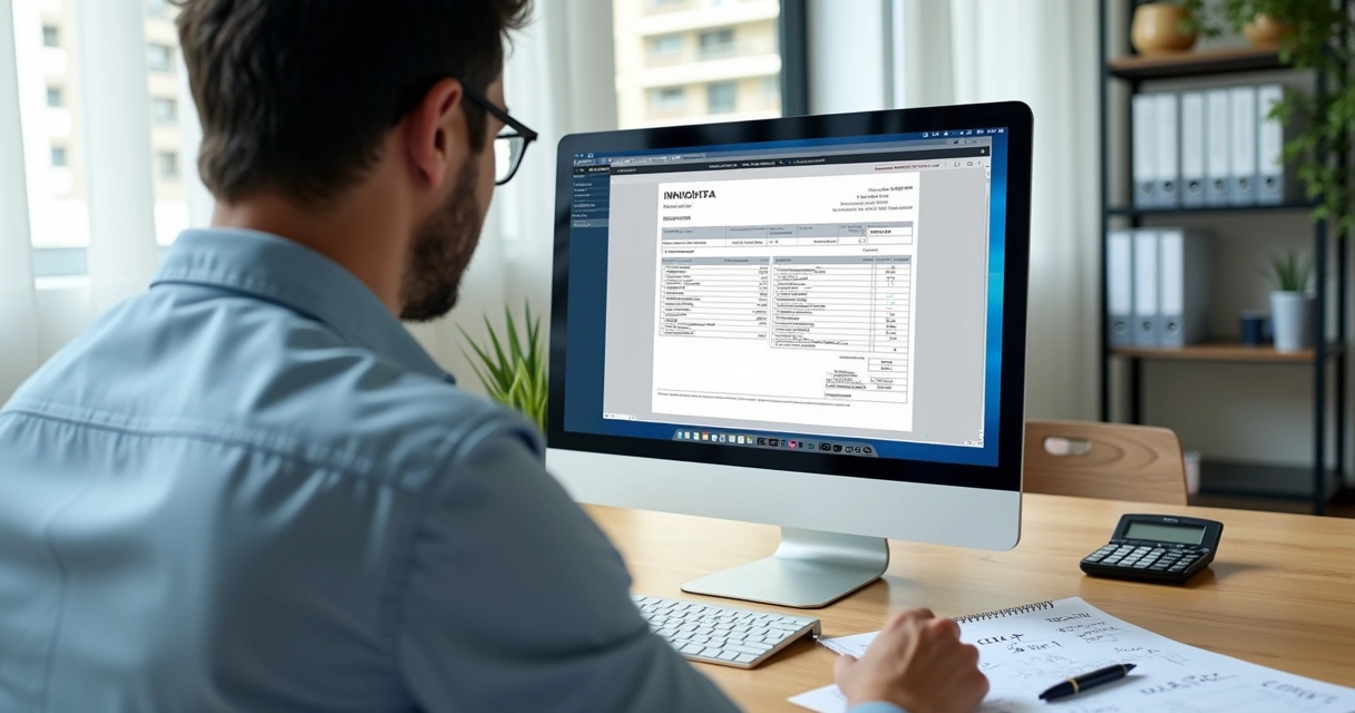 Empresário conferindo CFOP em nota fiscal no computador com documentos ao lado 