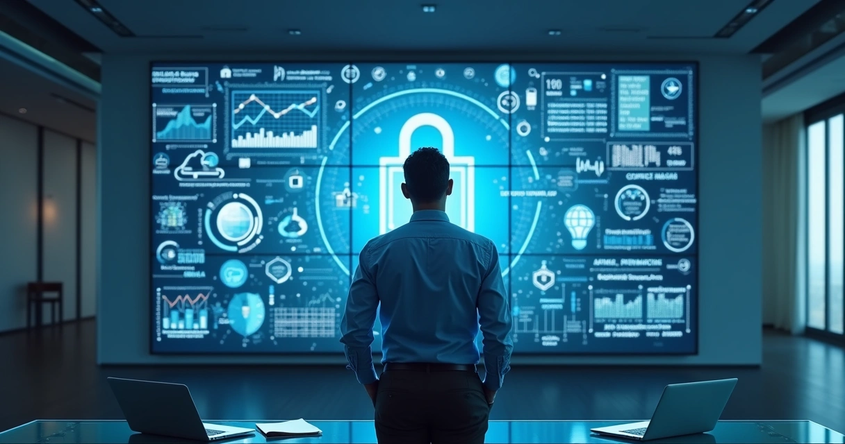 Profissional observa gráficos e dados digitais em grande tela 