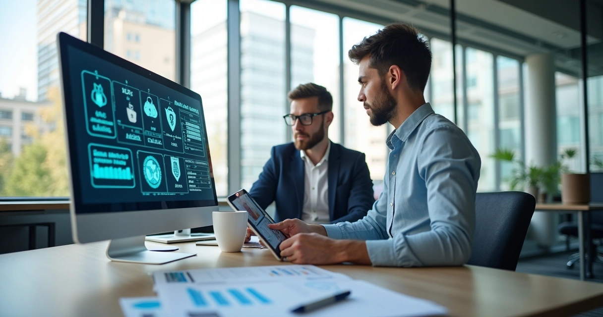 Empresário analisando dados fiscais em computador e tablet 