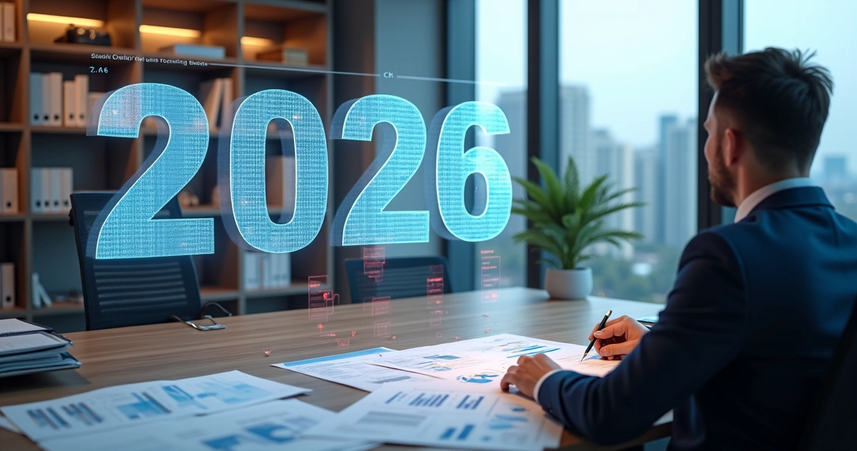 Empresário analisando documentos com gráficos e relógio digital representando risco nas obrigações estaduais em 2026 