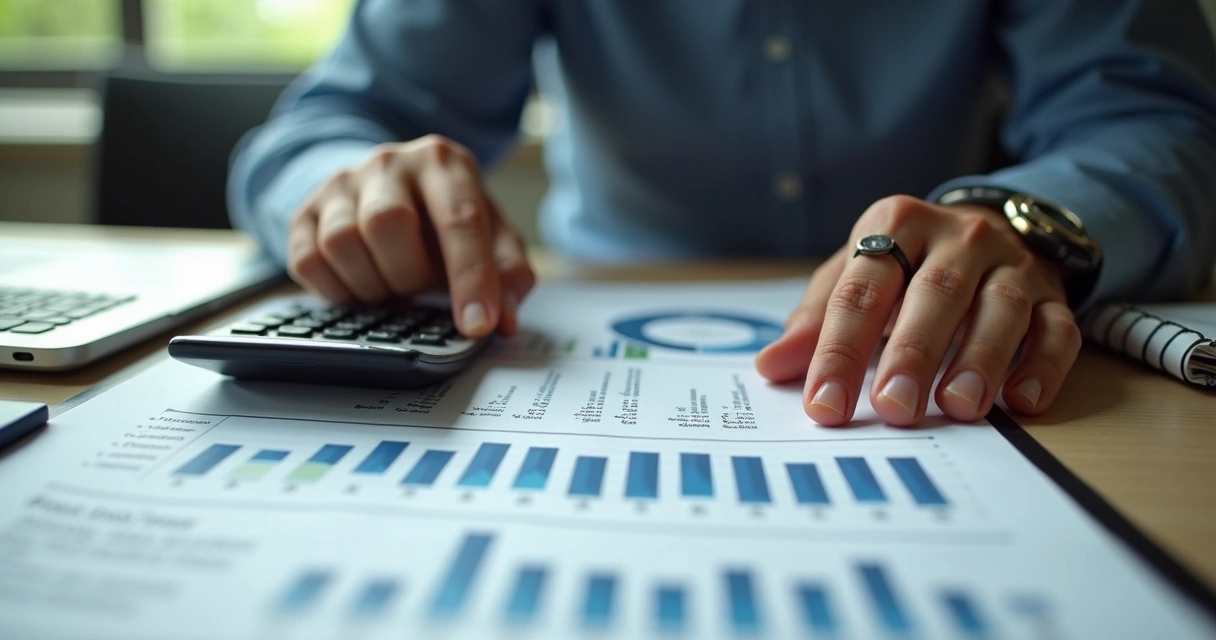 Empresário sério analisando DRE com calculadora e notebook 