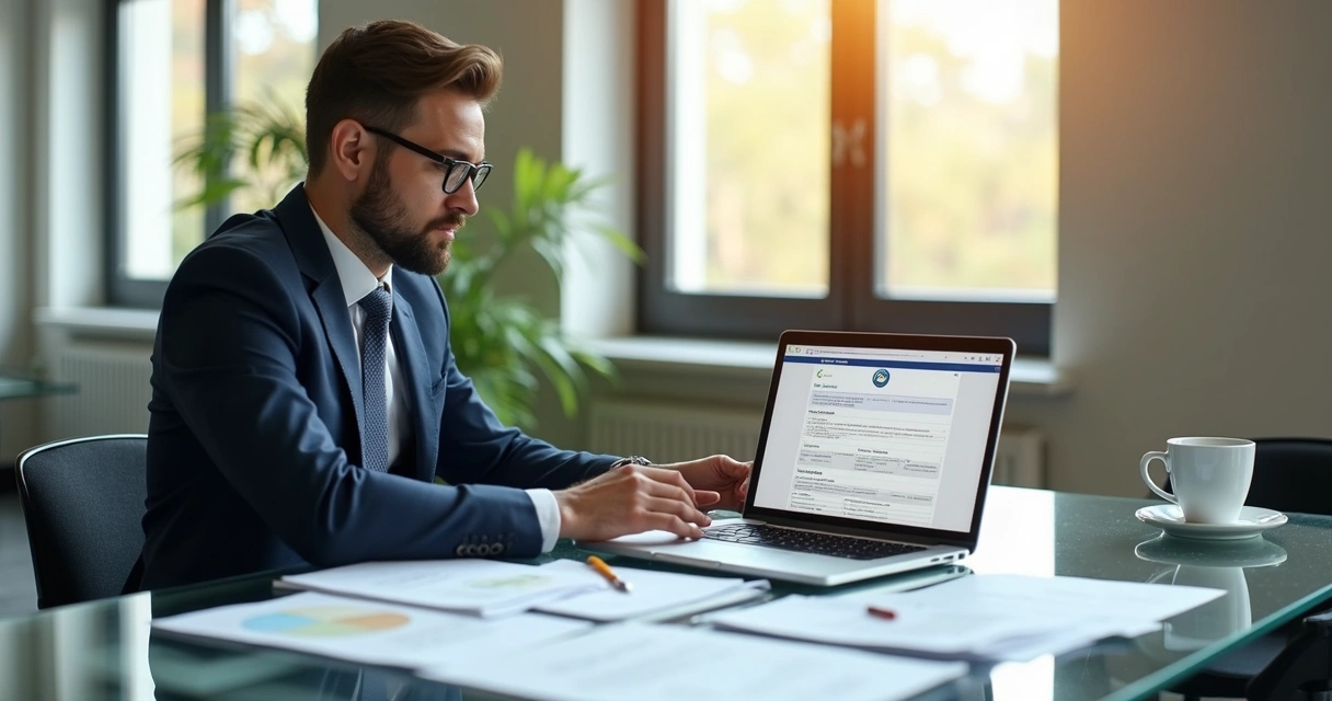 Empresário conferindo edital de licitação em escritório moderno