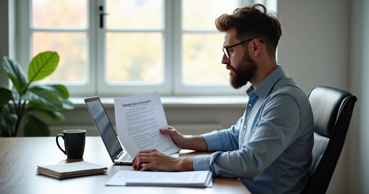 Empresário analisando edital de licitação com documentos e notebook 