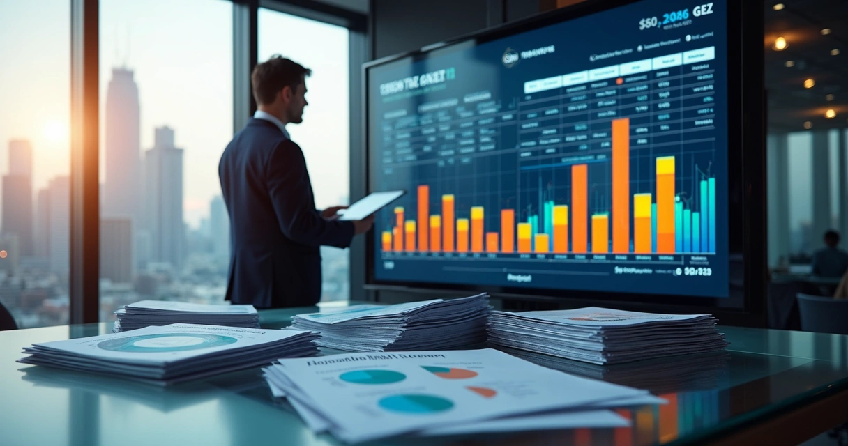 Empresário observando gráficos de fluxo de caixa e demonstrativo de créditos recuperados. 