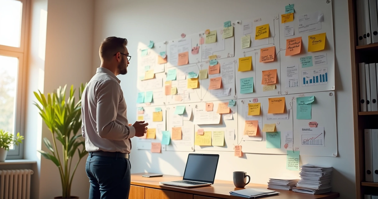 Empresário de PME analisando jornada do cliente em mural com cartões e linhas coloridas 