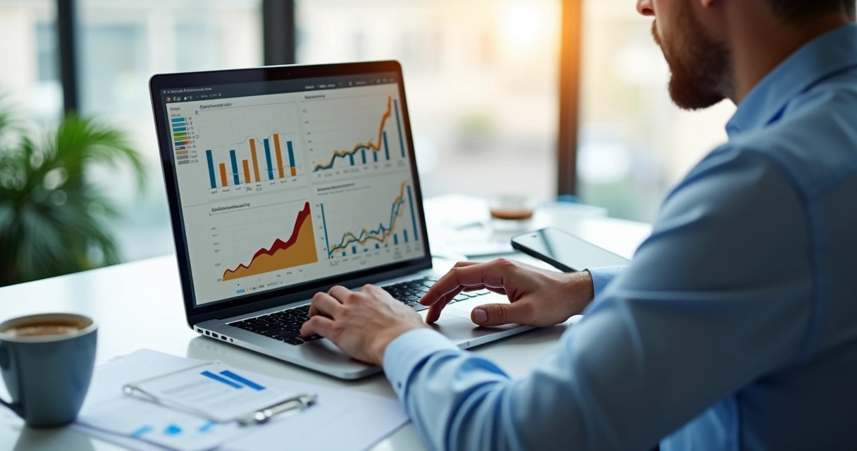 Empresário analisando gráficos financeiros em laptop, com documentos e smartphone na mesa 