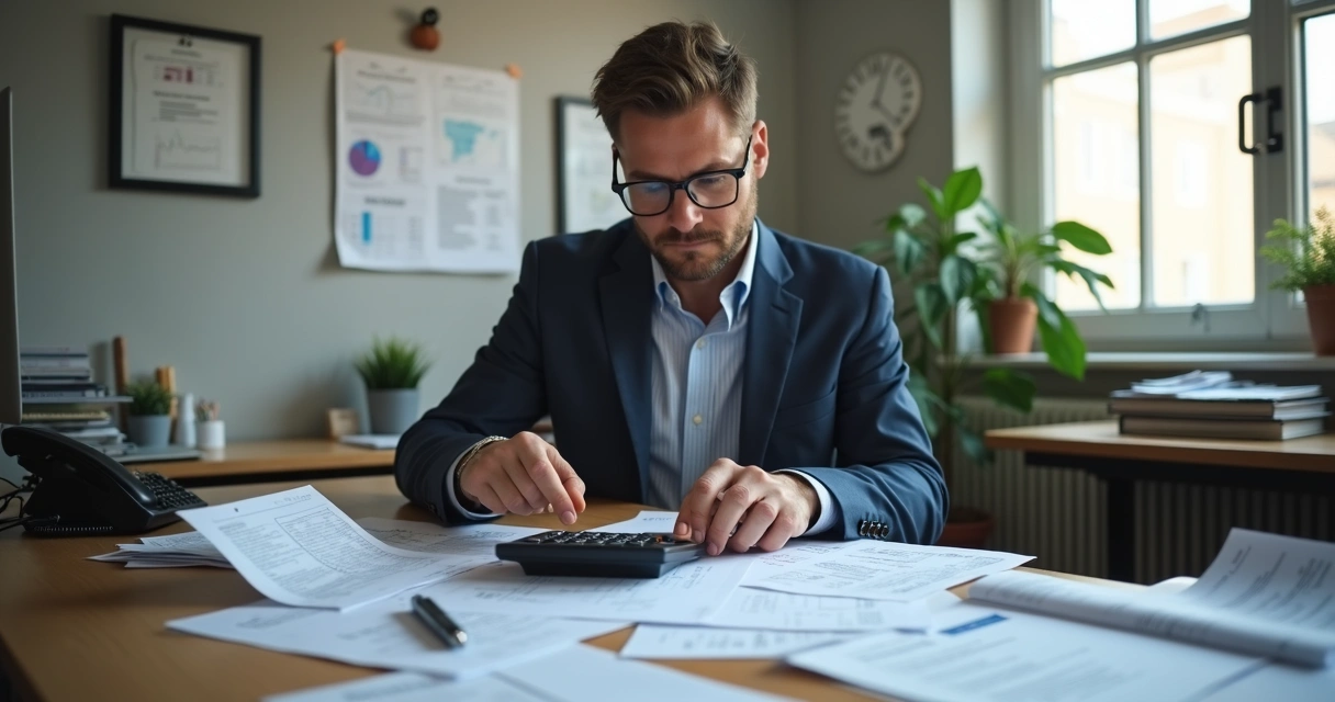 Empresário analisando planilhas e calculadora em mesa de escritório. 