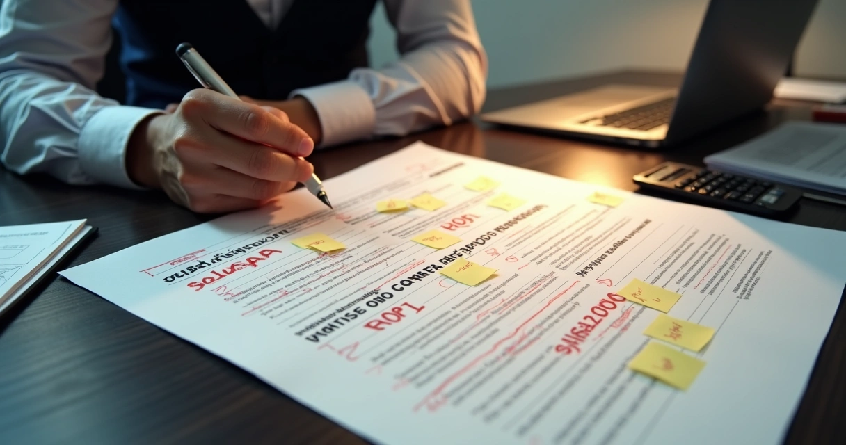 Gestor de PME revisando proposta impressa cheia de destaques e anotações manuais 