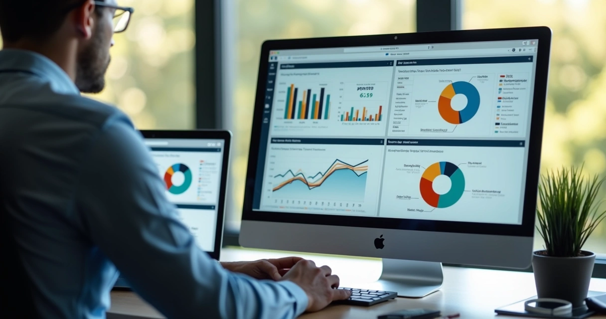 Empresário analisando relatórios financeiros em mesa com notebooks e gráficos 