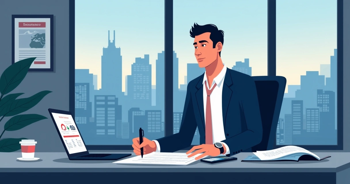 Homem elegante analisando documentos de seguro em sua mesa de escritório 
