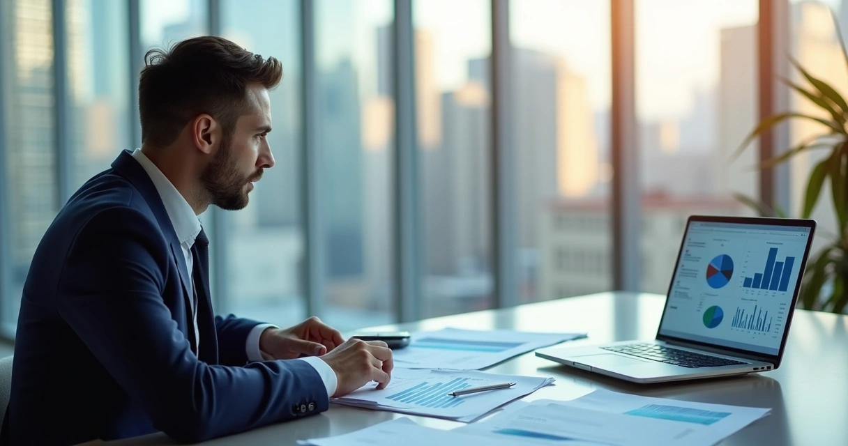 Empresário analisando opções de crédito em escritório moderno 