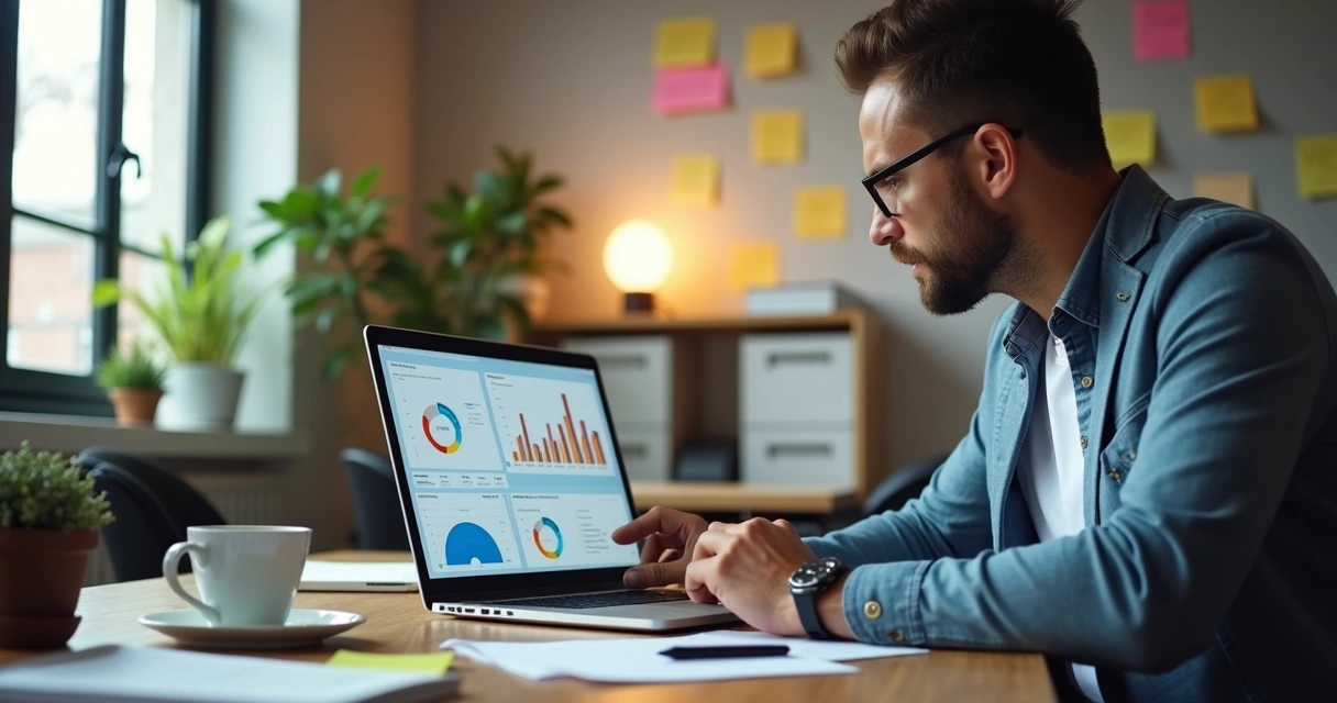 Empresário analisando gráficos de automação em notebook 