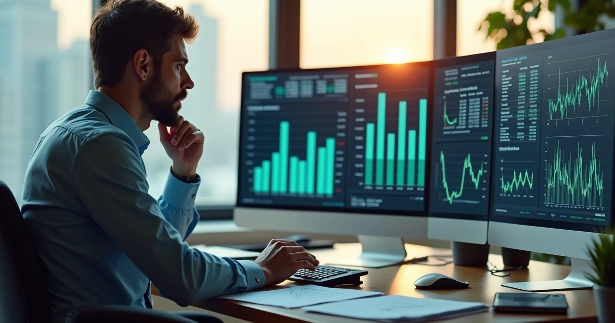Empresário analisando dados financeiros no computador com planilhas e gráficos na tela 