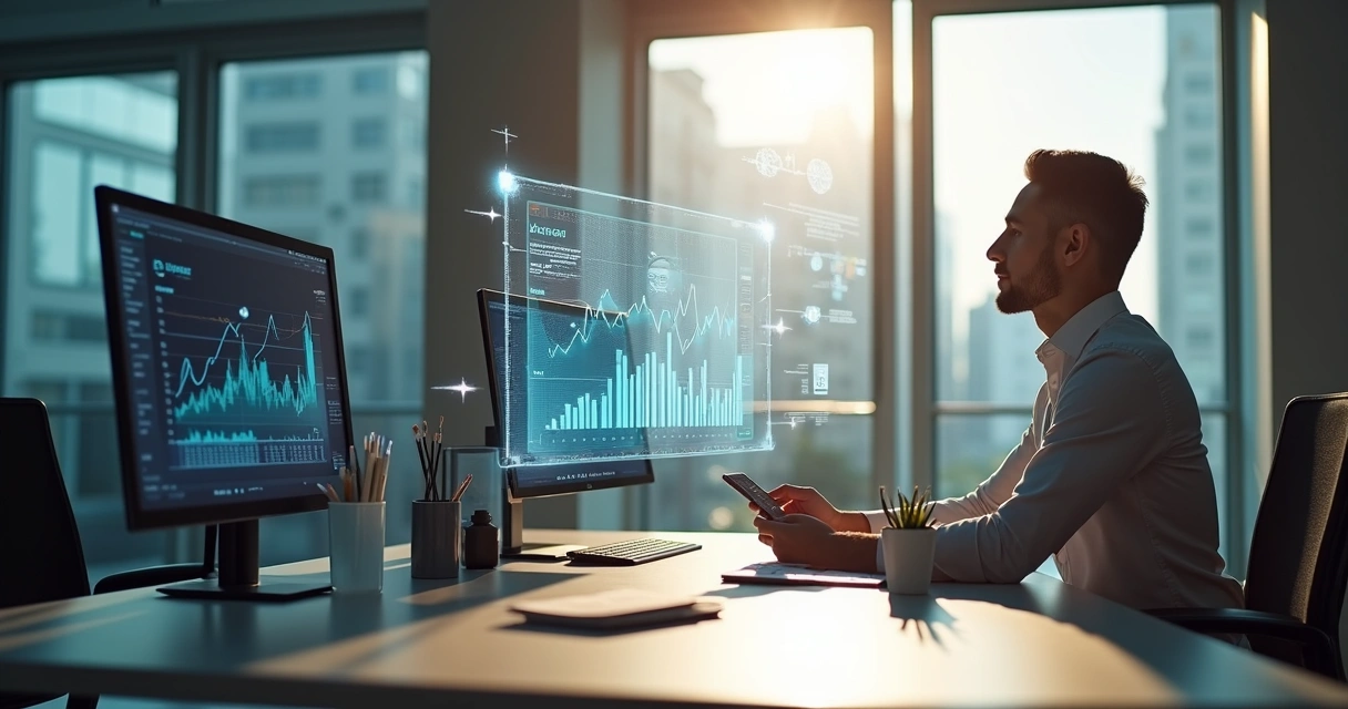 Empresário analisando gráficos de IA em tela holográfica 