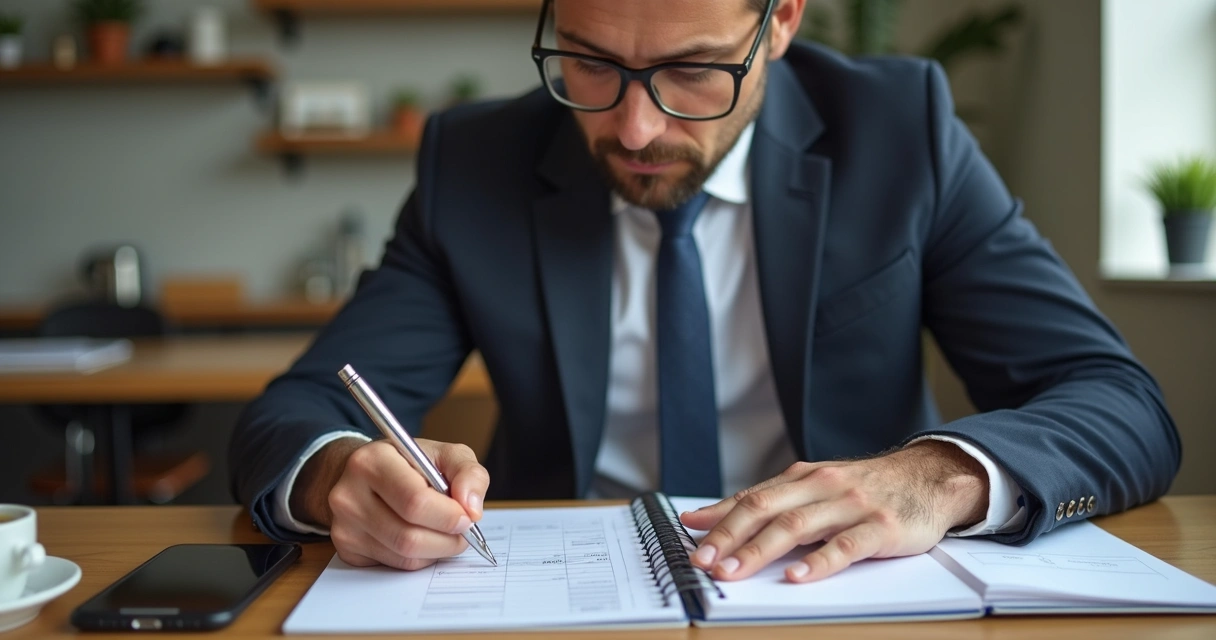 Empresário anotando custos em caderno, preocupado 