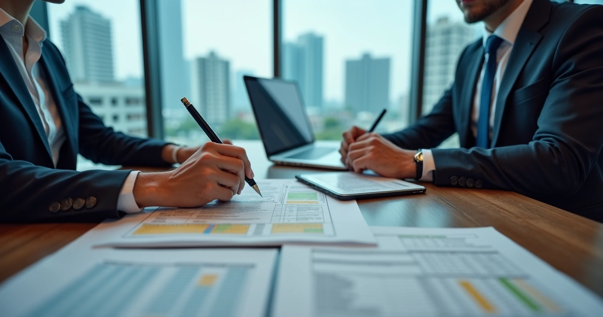 Empresário analisando documentos fiscais com contador em escritório moderno 