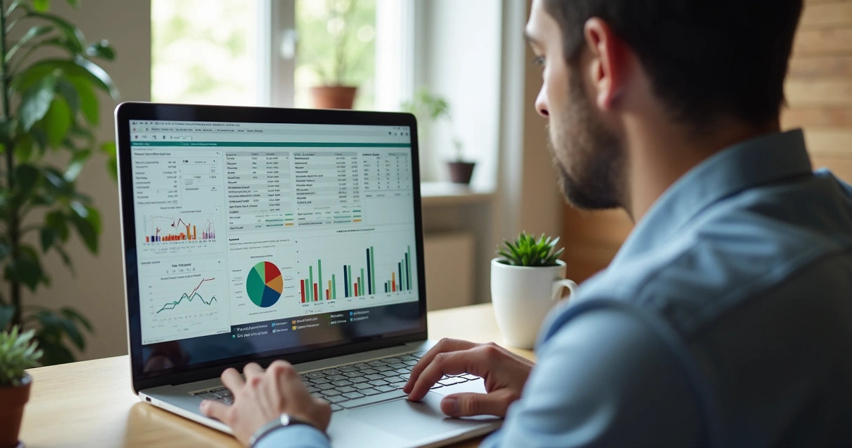 Pessoa analisando fluxo de caixa de empresa no notebook, planilhas e gráficos à vista 