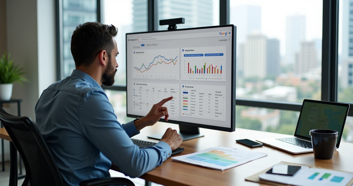 Empresário analisando relatórios do Google Search Console em escritório moderno 