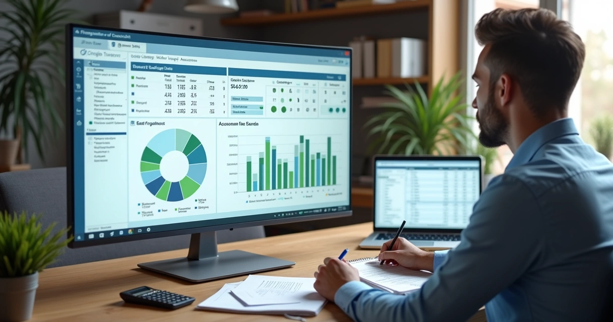 Empresário analisando sistema de controle financeiro em computador com gráficos e fluxo de caixa na tela 
