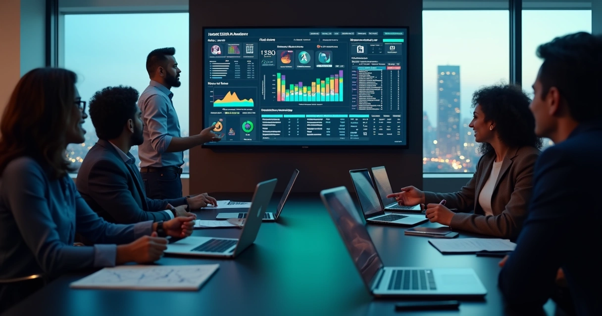 Empresário analisando painel de tráfego pago em tela grande com gráficos e anúncios digitais 