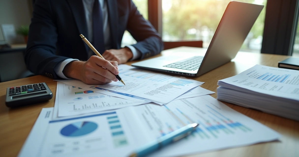 Dono de empresa analisando relatórios fiscais na mesa 