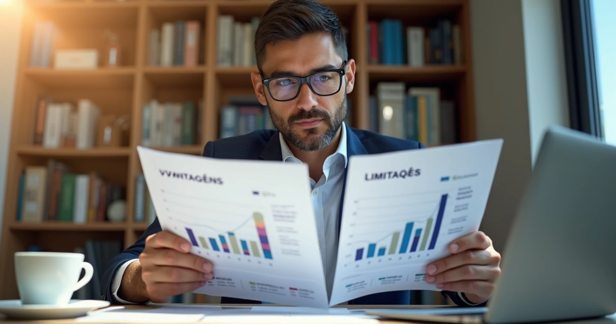 Empresário revendo relatórios de vantagens e limites 