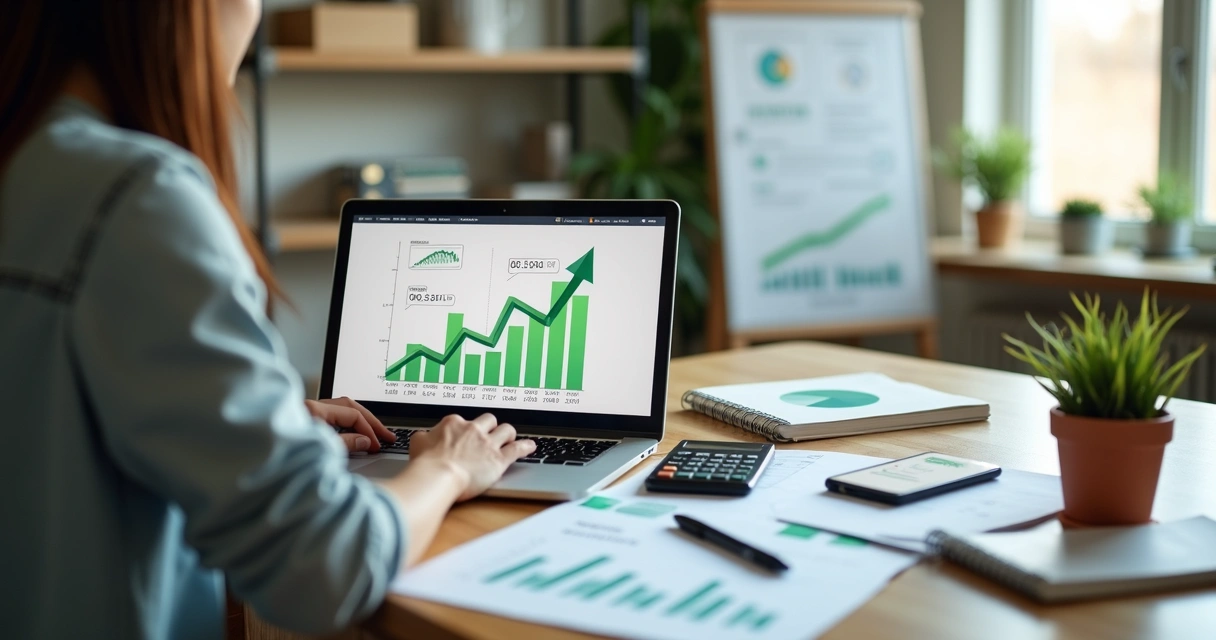 Empresário analisando margem de lucro em gráficos de crescimento na tela do notebook 