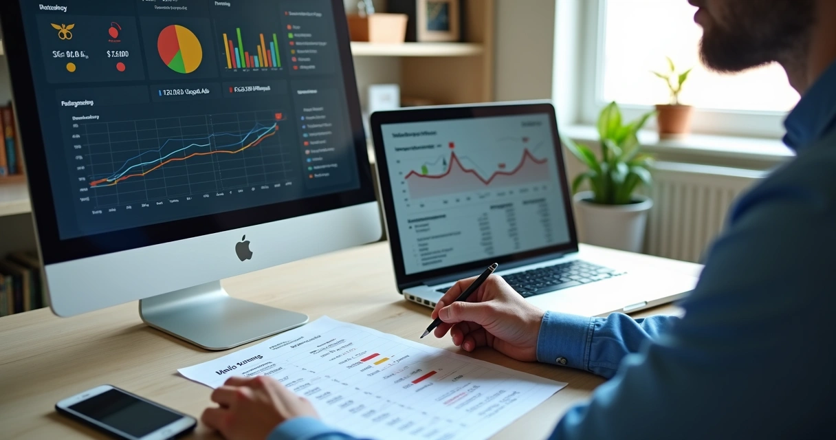 Empresário analisando orçamento de anúncios digitais no computador 