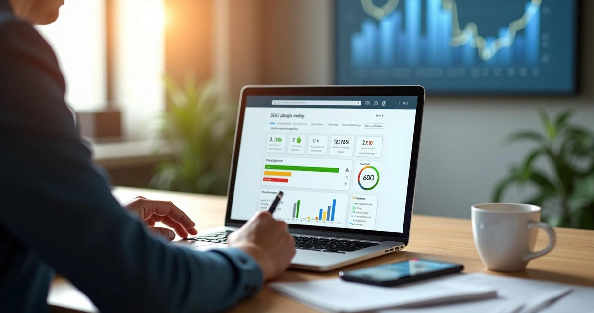 Empresário analisando relatório do PageSpeed Insights no notebook 