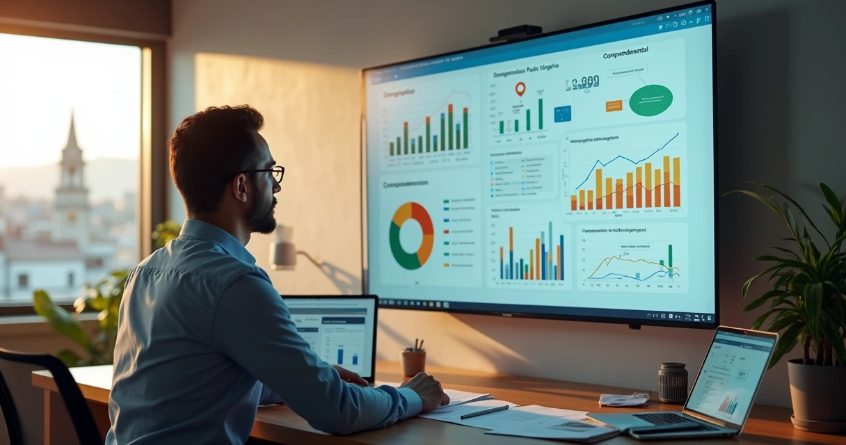Empresário analisando diferentes segmentos de público em painel digital 