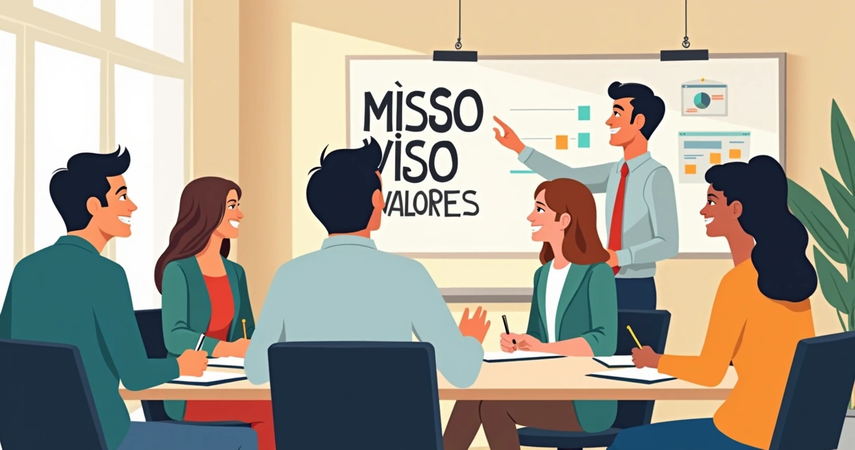 Empresário apresentando missão, visão e valores para o time em uma sala de reuniões