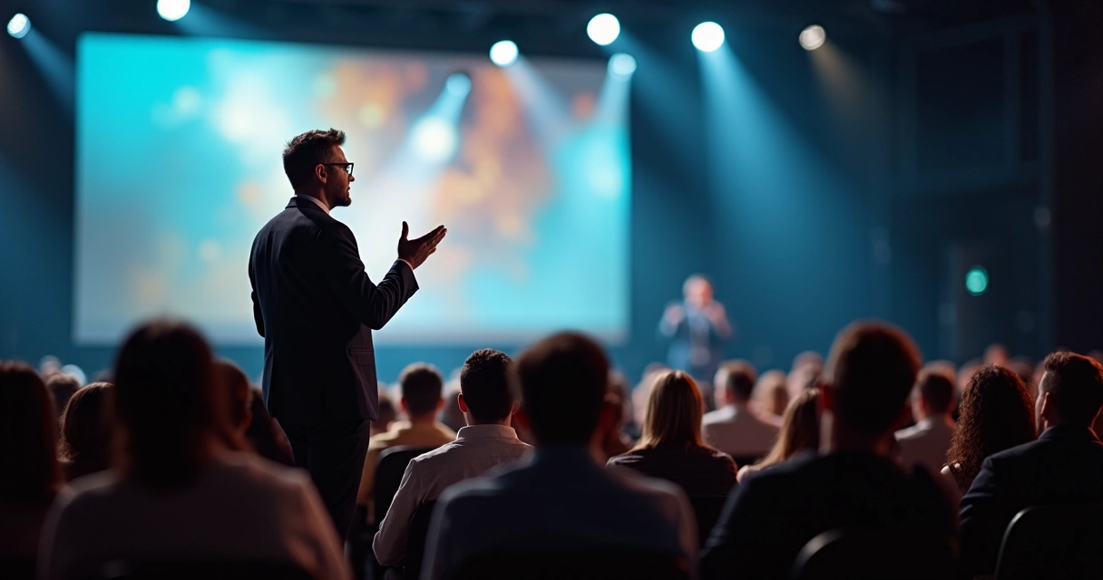 Empresário apresentando histórias em palestra para plateia. 